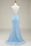 Sereia elegante azul claro longo vestido de baile com apliques