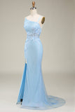 Sereia elegante azul claro longo vestido de baile com apliques