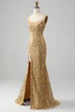 Sereia Dourada Esparguete Correias Sequined Prom Dress Com Fenda