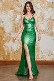 Brilhante Sereia Verde Sequins Long Prom Dress com Split Front