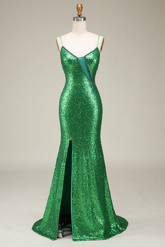 Sereia Brilhante Esparguete Alças Verde Sequins Long Prom Dress com Frente Dividida
