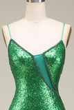 Sereia Brilhante Esparguete Alças Verde Sequins Long Prom Dress com Frente Dividida