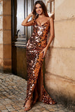 Saparkly Sereia Esparguete Correias Golden Sequins Long Prom Dress com Split Front