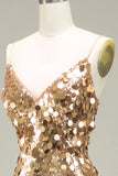 Vestido de baile de lantejoulas dourado brilhante sereia com fenda
