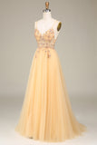 Charmoso A Line Spaghetti Straps Golden Long Prom Dress com Missangas
