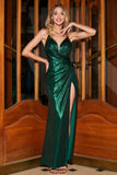 Sereia Verde Escuro Esparguete Correias Longo Vestido de Baile com Costas Abertas
