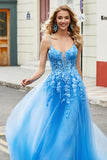 Lindo A Line Spaghetti Straps Blue Long Prom Dress com Apliques