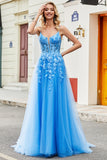 Lindo A Line Spaghetti Straps Blue Long Prom Dress com Apliques