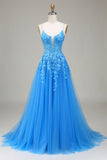 A-Line espaguete alças azul tule vestido de baile com apliques