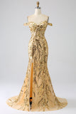 Vestido de cerimônia sereia brilhante com ombro de fora rosa dourado espartilho com fenda