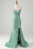 Sparkly Green Sequins Lace-Up Back Long Sereia Prom Dress with Slit