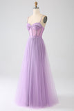 A-Line Lilac Esparguete Correias Longo Corset Prom Dress
