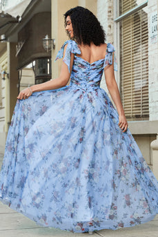 Azul A-Line impresso correias ajustáveis vestido longo baile de formatura