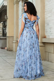 Azul A-Line impresso correias ajustáveis vestido longo baile de formatura