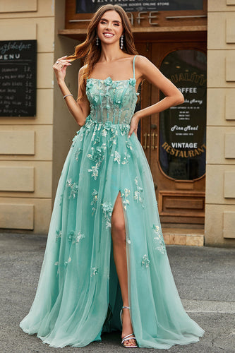 A-Line Verde Tule Corset Prom Dress com Apliques
