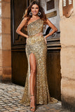 Um ombro franja dourada lantejoulas glitter vestido de baile com fenda