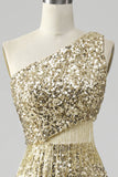 Golden One Shoulder Fringe Vestido de Baile de Lantejoulas Com Fenda