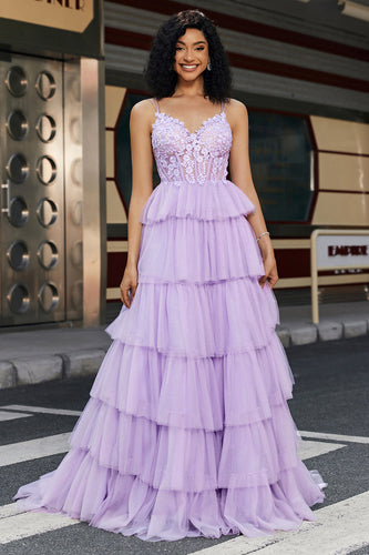 Princesa A Linha Esparguete Correias Lilás Corset Prom Dress com Apliques Ruffles