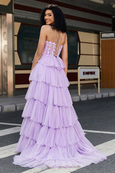 Princesa A Linha Esparguete Correias Lilás Corset Prom Dress com Apliques Ruffles