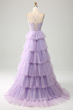 Lilás Tule Tiered Princess Corset Prom Dress com Apliques