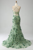 Sereia Esparguete Correias Verde Corset Prom Dress com Apliques