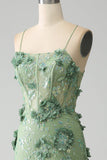 Sereia Esparguete Correias Verde Corset Prom Dress com Apliques