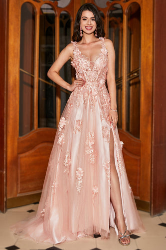 A-Line Espaghetti Correias Blush Long Prom Dress com Apliques