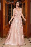 A-Line Espaghetti Correias Blush Long Prom Dress com Apliques