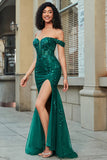 Sereia elegante fora do ombro vestido de baile de espartilho verde escuro com frente dividida