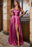 Hot Pink A-Line Espaghetti Correias plissado brilhante vestido de baile com fenda