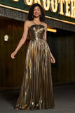 Golden A-Line Espaghetti Correias plissado brilhante vestido de baile com fenda