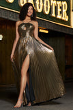Golden A-Line Espaghetti Correias plissado brilhante vestido de baile com fenda