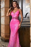 Hot Pink Glitter Sereia Prom Dress com Missanga Cintura