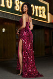 Esparguete Correias Hot Rosa Brilhante Sereia Sequins Long Prom Dress com Fenda