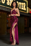 Esparguete Correias Hot Rosa Brilhante Sereia Sequins Long Prom Dress com Fenda