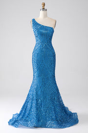 Sereia Azul Um Ombro Sequins Long Prom Dress