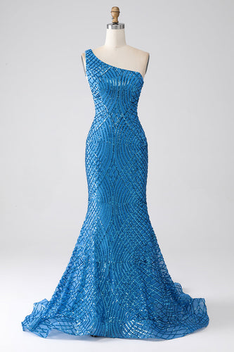 Sereia Azul Um Ombro Sequins Long Prom Dress