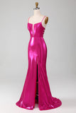 Sparkly Hot Pink Sereia Vestido de Baile Simples Com Fenda