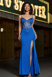 Sereia Royal Blue Glitter Corset Prom Dress com Missangas