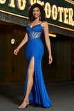 Sereia Royal Blue Glitter Corset Prom Dress com Missangas