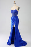 Sereia Strapless Royal Blue Corset Prom Dress com Missangas