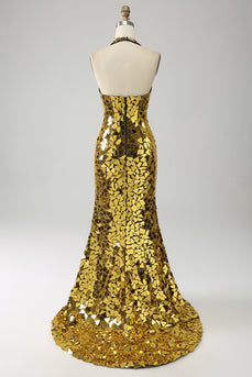 Sereia Dourada Halter Deep V-Neck Backless Espelho Prom Dress Com Fenda Alta