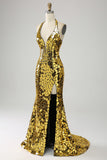 Sereia Dourada Halter Deep V-Neck Backless Espelho Prom Dress Com Fenda Alta