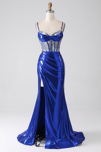 Sereia azul real brilhante lantejoulas plissado espartilho vestido de baile com fenda