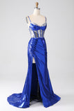 Sereia azul real brilhante lantejoulas plissado espartilho vestido de baile com fenda