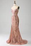 Sereia de ouro rosa frisado ruched lantejoulas espartilho vestido de baile com fenda lateral