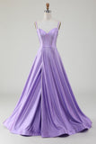 Simples Brilhante Lilás A-Line Lateral Fenda Corset Prom Dresses com strass