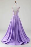 Simples Brilhante Lilás A-Line Lateral Fenda Corset Prom Dresses com strass