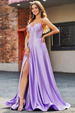 Brilhantes Lilás A-Line Corset Prom Dresses com strass
