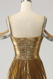 Impressionante uma linha fora do ombro dourado vestido longo baile de formatura com buraco de fechadura